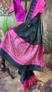 Black and Pink Combo Pure Raw Silk Saree with Stitched Blouse