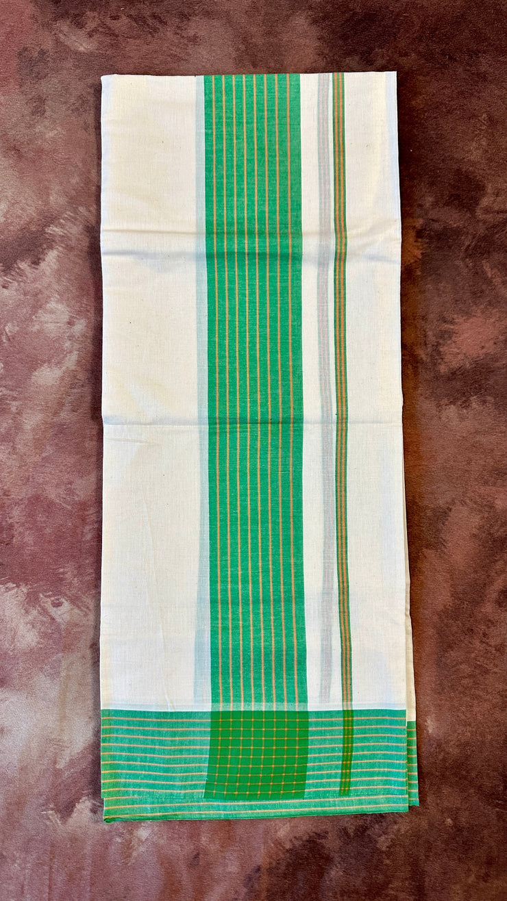 Soft cotton mulloth set mundu with green border