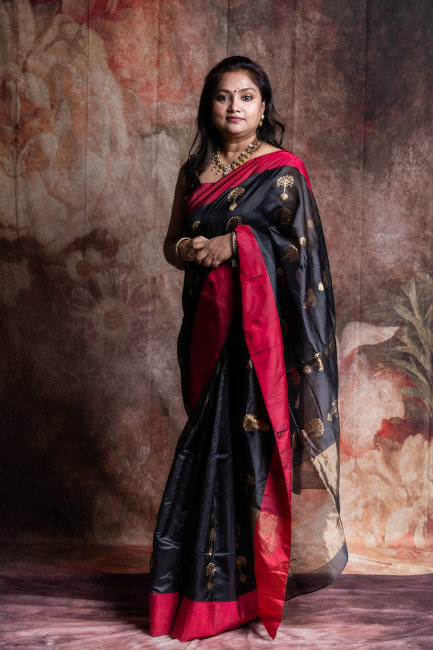 Black and deep red chanderi silk saree , No BP