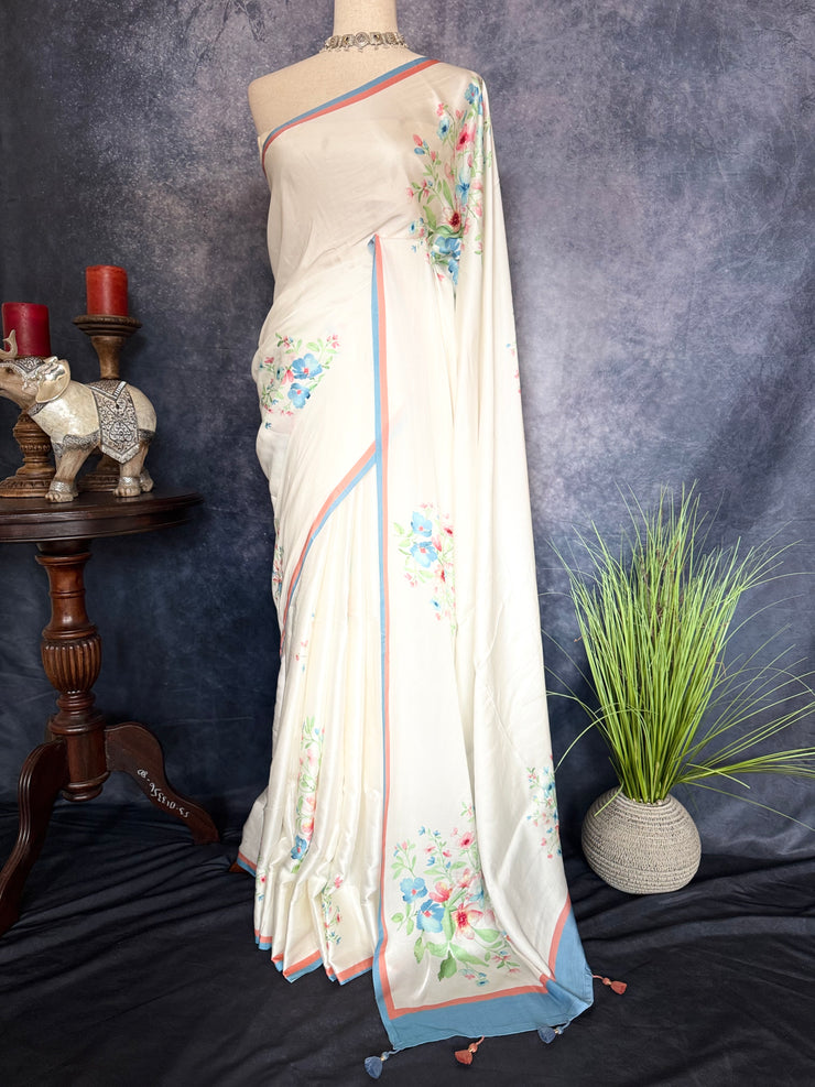 White floral printed Alia bhatt pure satin silk saree with stiched blouse