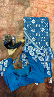 Peacock blue pure bangalore silk saree with kantha work , stitched blouse