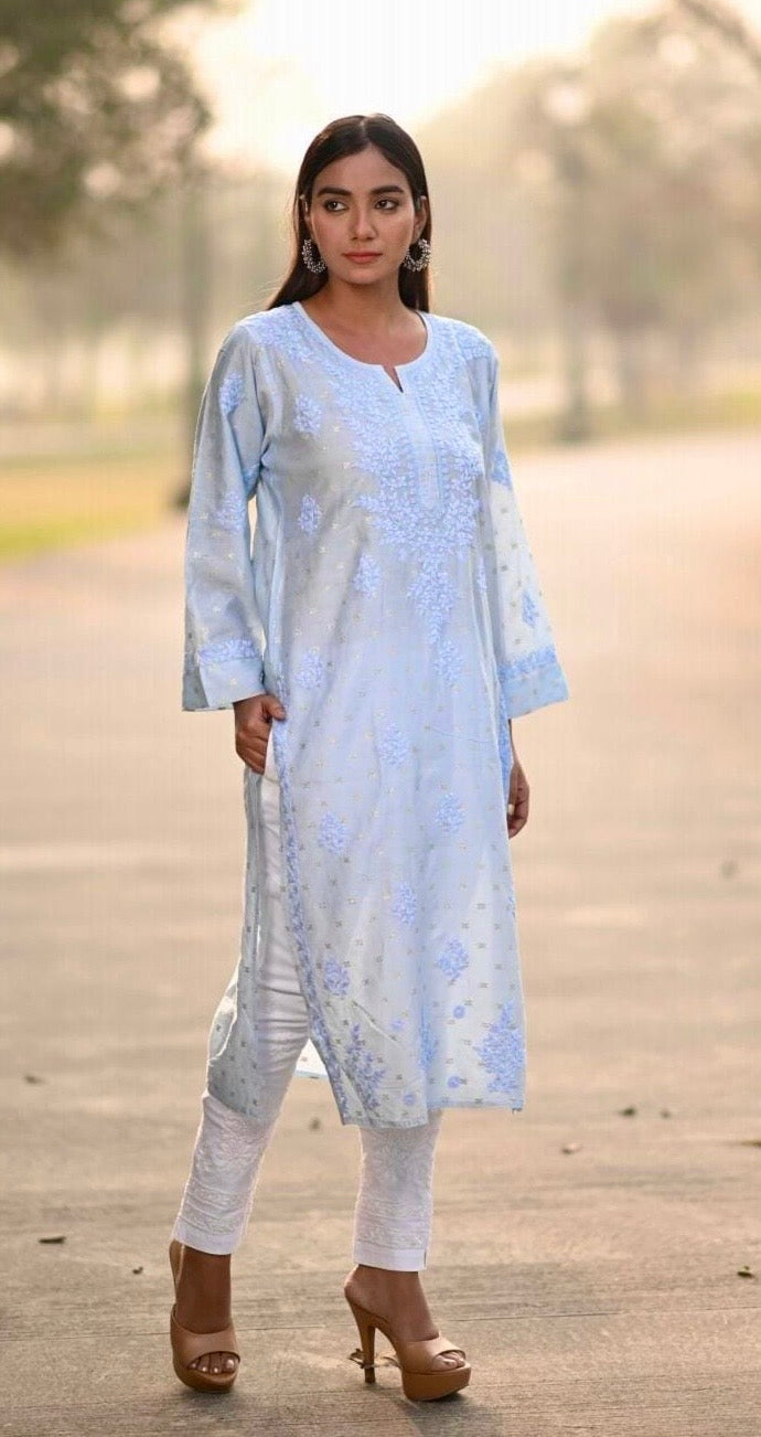 Light blue color Banarsi silk chikankari kurti