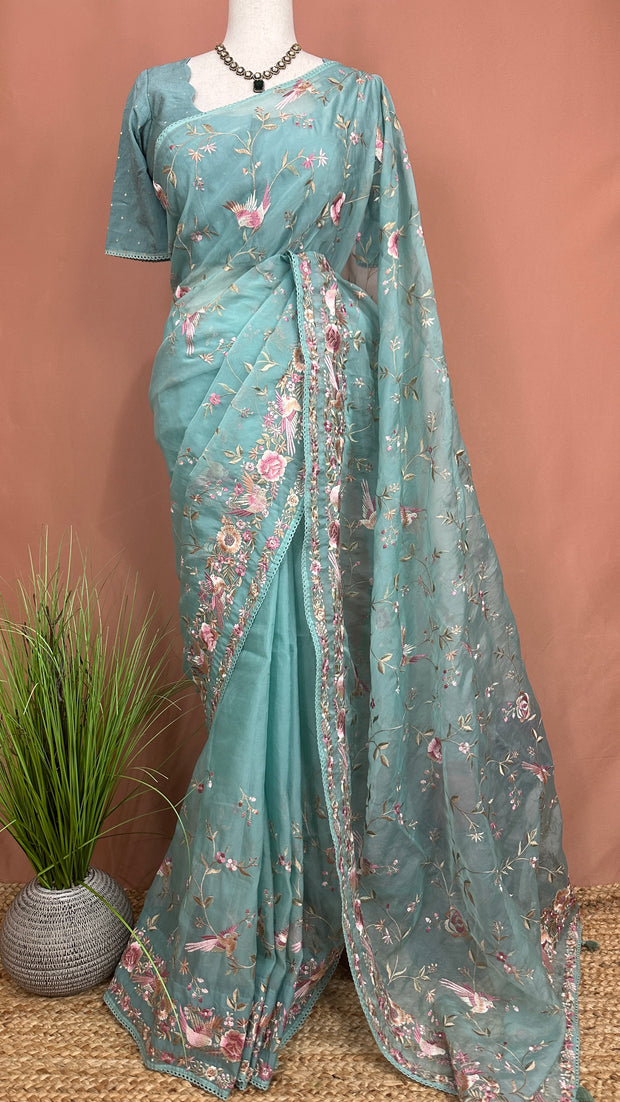 Light Blue Soft Organza Saree with Parsi Gara Machine Embroidery Work, with stitched blouse