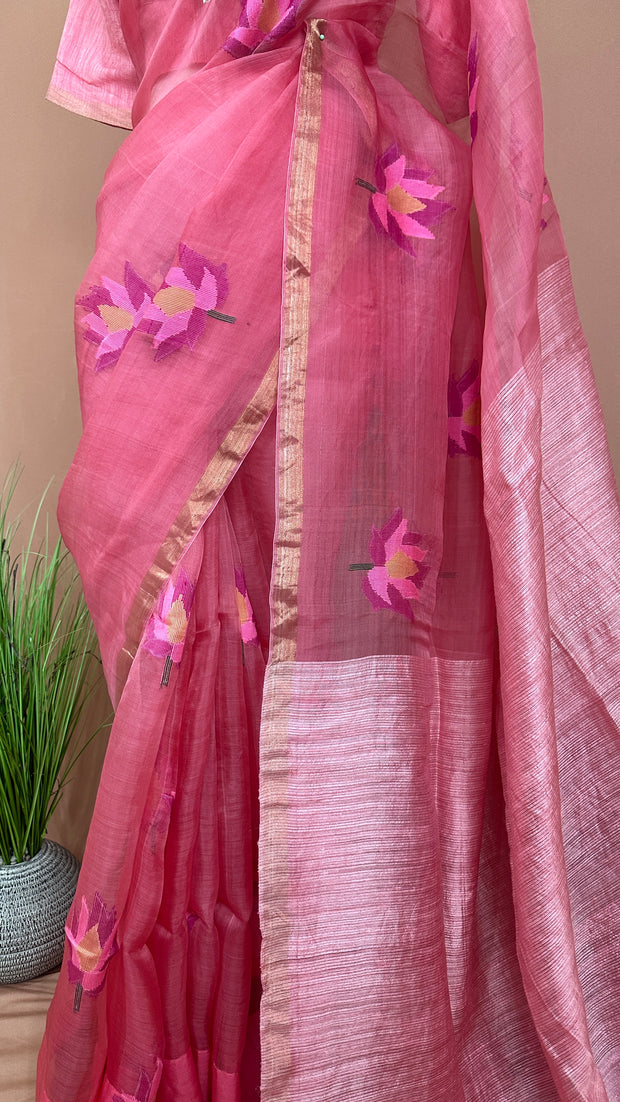 Pure muslin silk saree with jamdani weave and stitched blouse