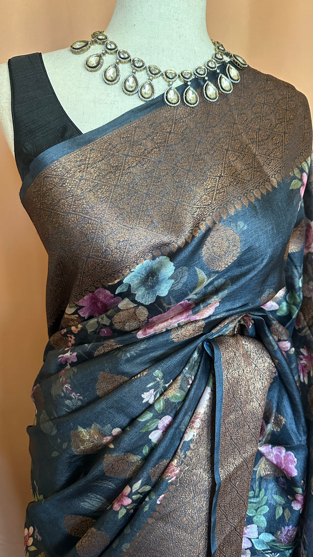 Floral printed pure tussar banarsi with stitched blouse