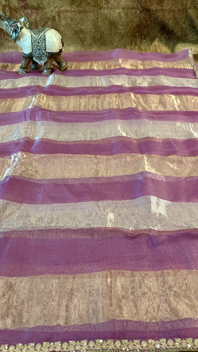 Lilac tissue organza designer silk saree with stitched blouse