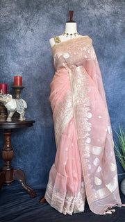 Pure Silk organza saree with gold and silver weave , with stitched blouse