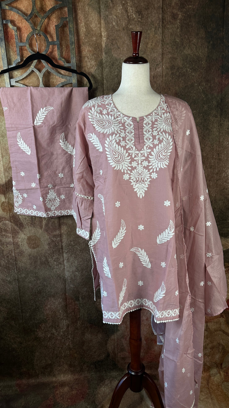 Dusty Pink kurti with white embroidery , palazzo pants and dupatta