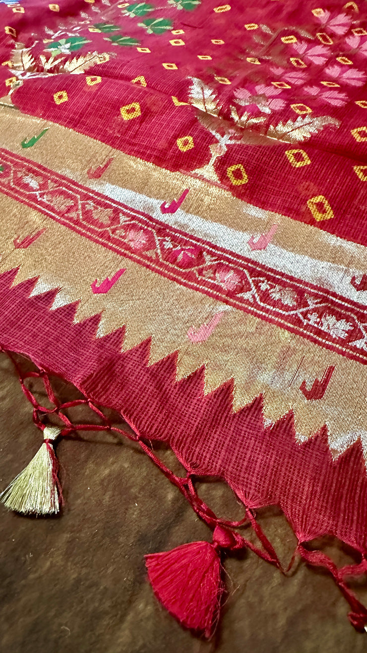 Red Silk Katan Kotta bandej saree with stitched blouse