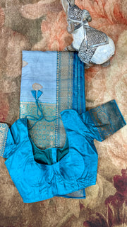 Pastel blue Tussar silk saree turqouise Pure silk tussar Banarsi saree with stitched blue