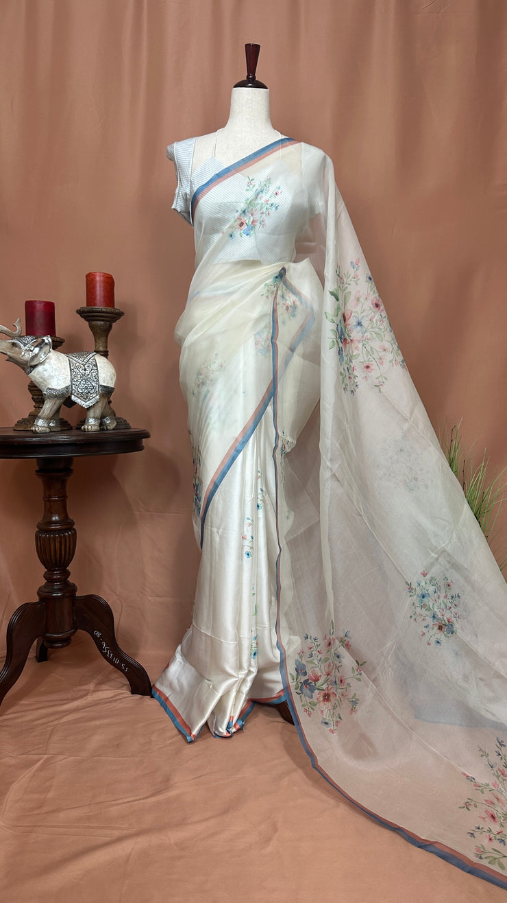 White floral printed Alia bhatt half organza and half satin silk saree with stiched blouse