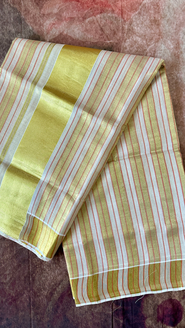 Tissue set saree with gold and orange lines