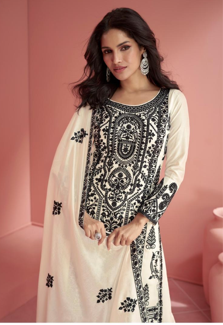 White and Black Pakistani style kurti with bottom and dupatta