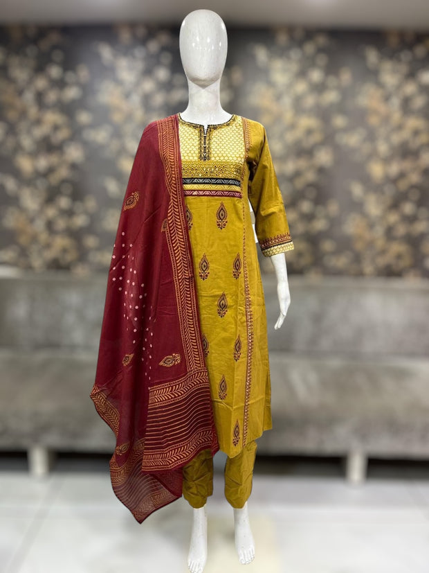 Mustard yellow ajrak hand block printed kurti with real mirror work, bottom and dupatta