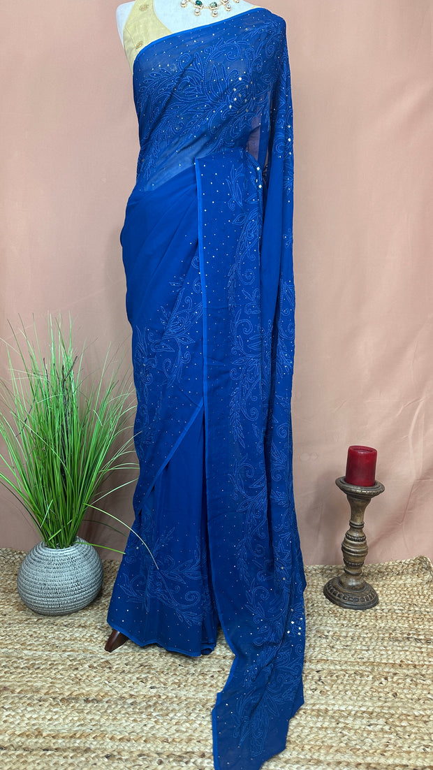 Chikankari hadn Mukesh worked Blue georgette saree with stitched blouse