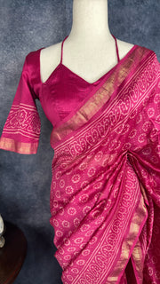 Handblock printed Maheswari cotton silk saree with stitched designer blouse