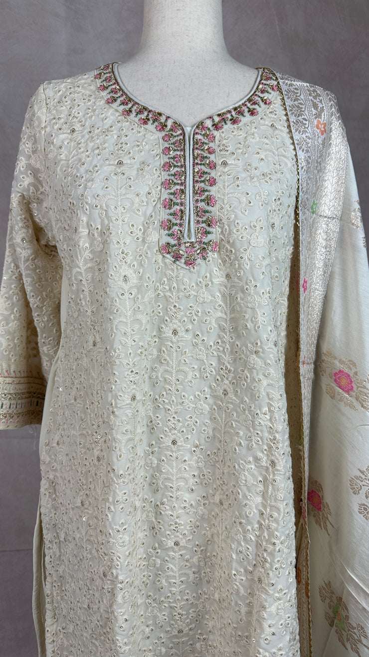 Off white chikankari short kurti with banarsi ghararh and dupatta