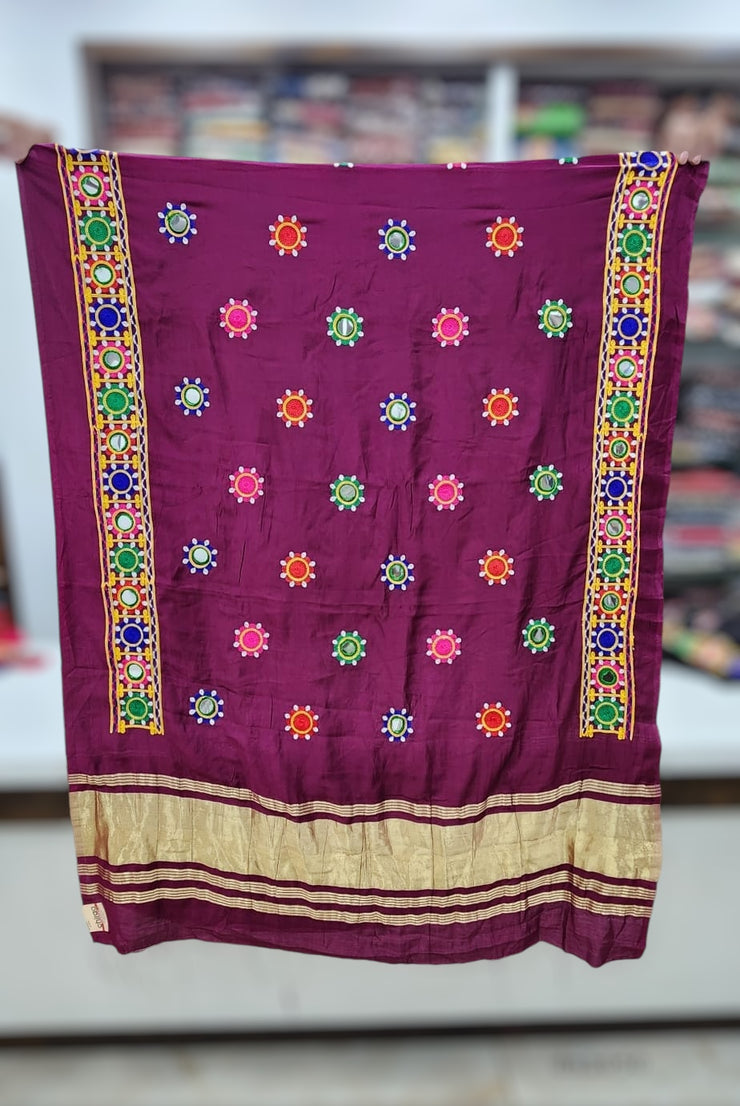 Purple Cotton silk dupatta with mirror work