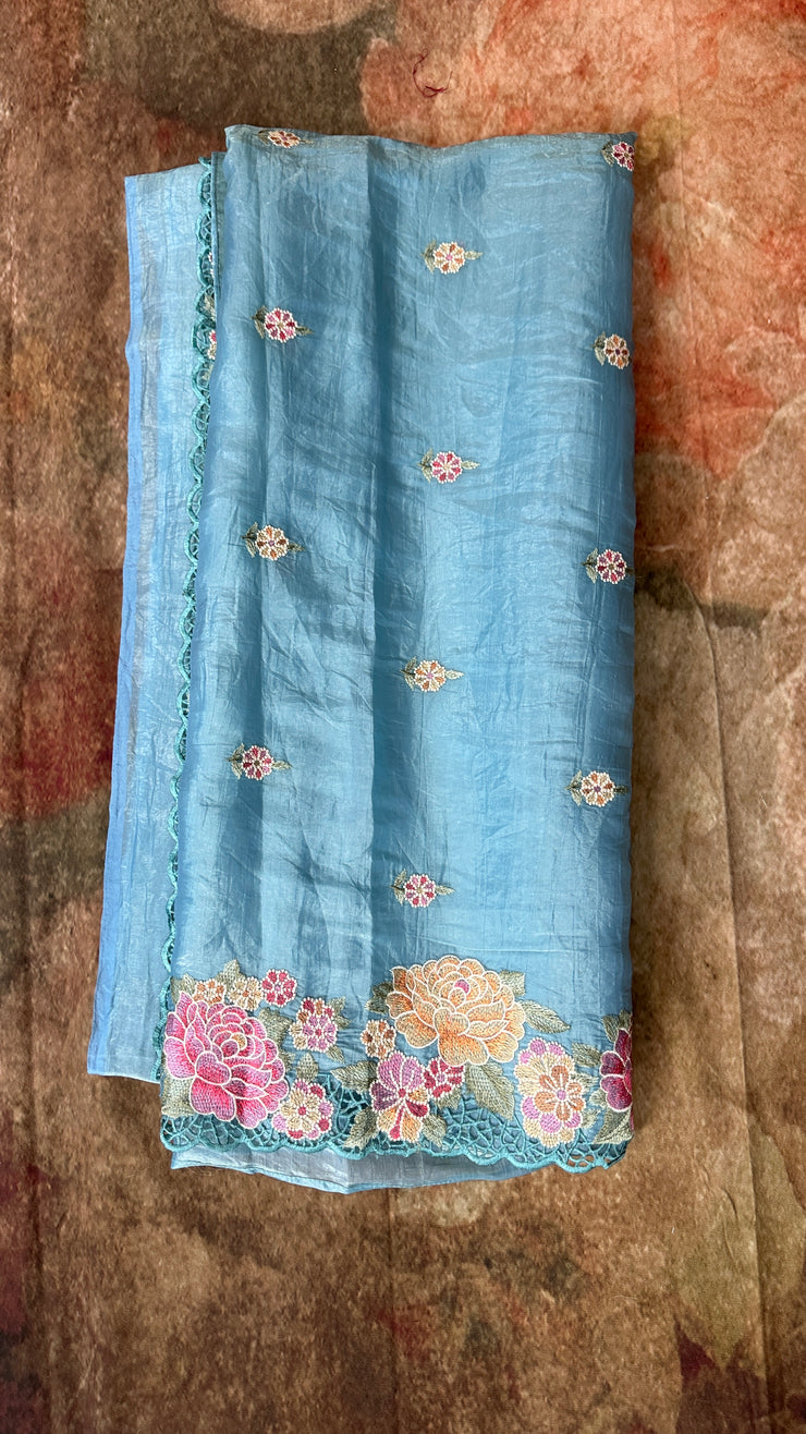 Light blue crushed tissue saree with cut work, with BP