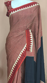 Red ajrak modal silk saree , with stitched blouse