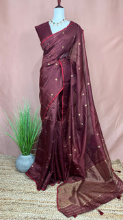 Coffee brown and red combo pure silk chander handloom saree with BP