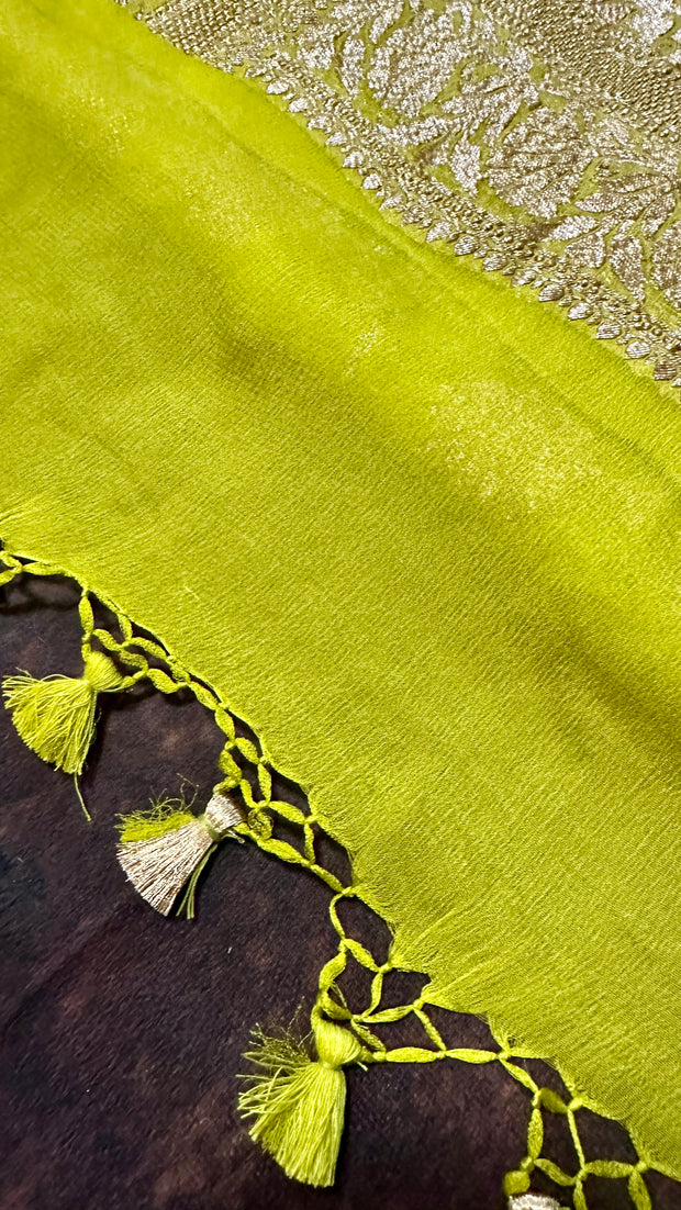 Pear green Pure Khaddi georgette banarsi saree with stitched blouse