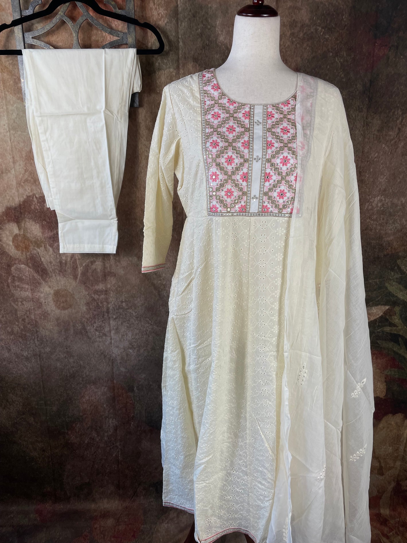 Off white flared anarkali with bottom and dupatta