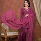 Wine red crepe kurti with flared palazzo and dupatta