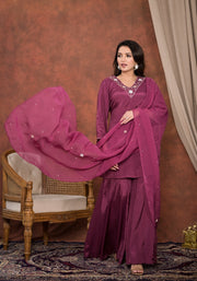 Wine red crepe kurti with flared palazzo and dupatta