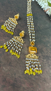 Pearl necklace with Yellow stone and chandlier earrings