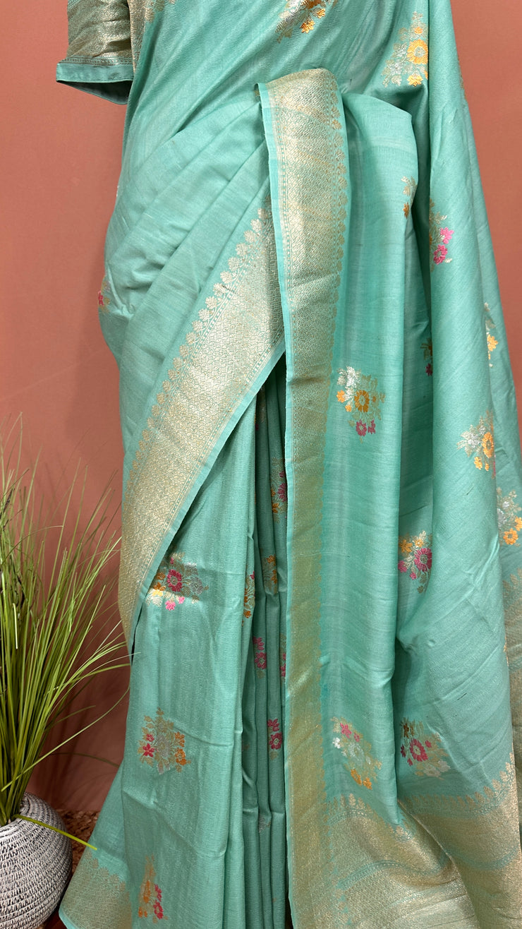 Pure tussar georgette hand loom banarsi saree with meenakari weave, stitched blouse