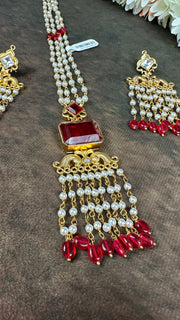 Pearl necklace with maroon stone and chandlier earrings