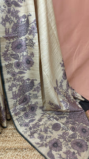 Semi Raw silk saree with lilac floral print and morrior work