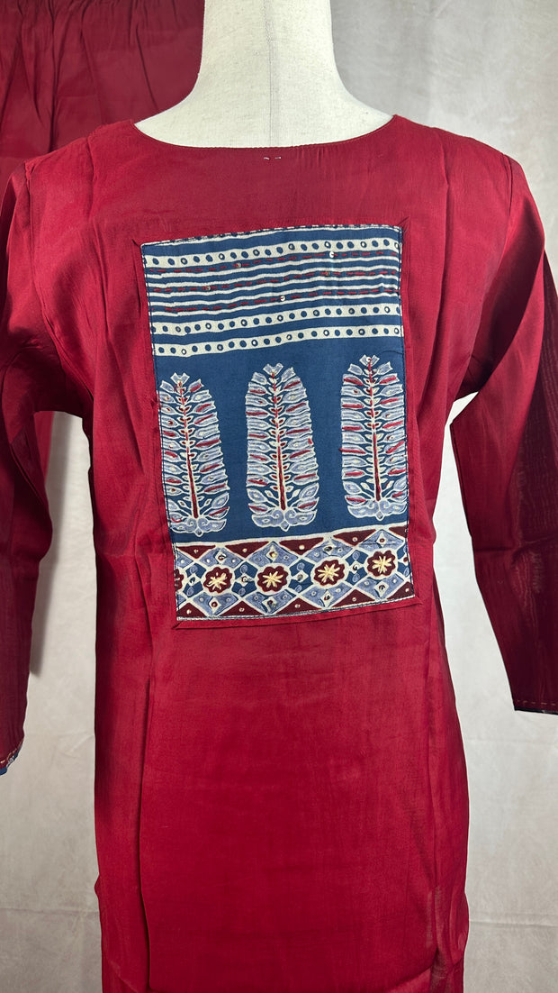 Red modal cotton kurti with bottom and dupatta