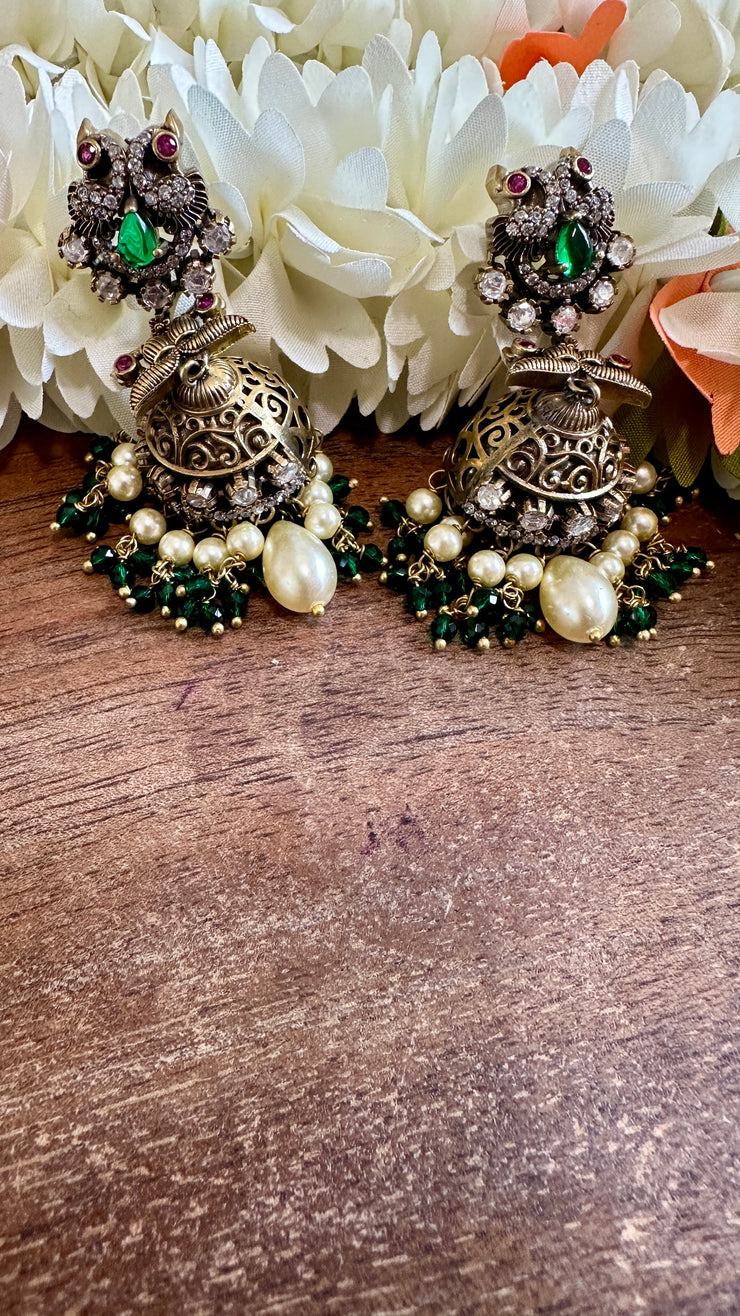 Victorian finish jhumka with green stone