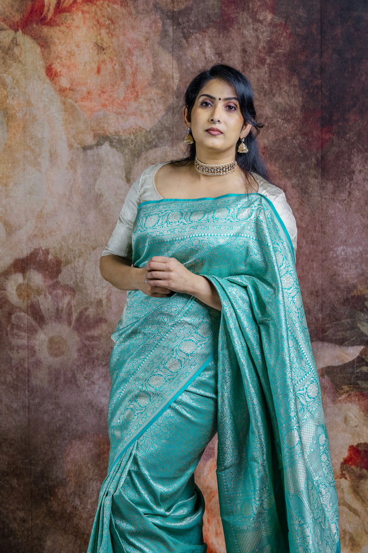 Copper sulphate blue pure katan banarsi saree with stitched blouse