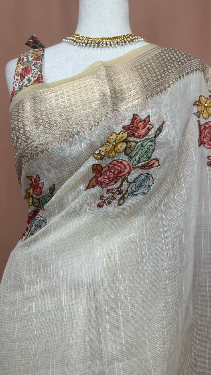 Banarsi tissue saree with kamalkari patch work, with contrast blouse