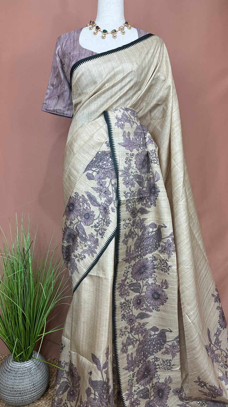 Semi Raw silk saree with lilac floral print and morrior work