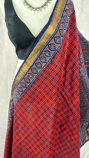 Handblock printed Maheswari cotton silk saree