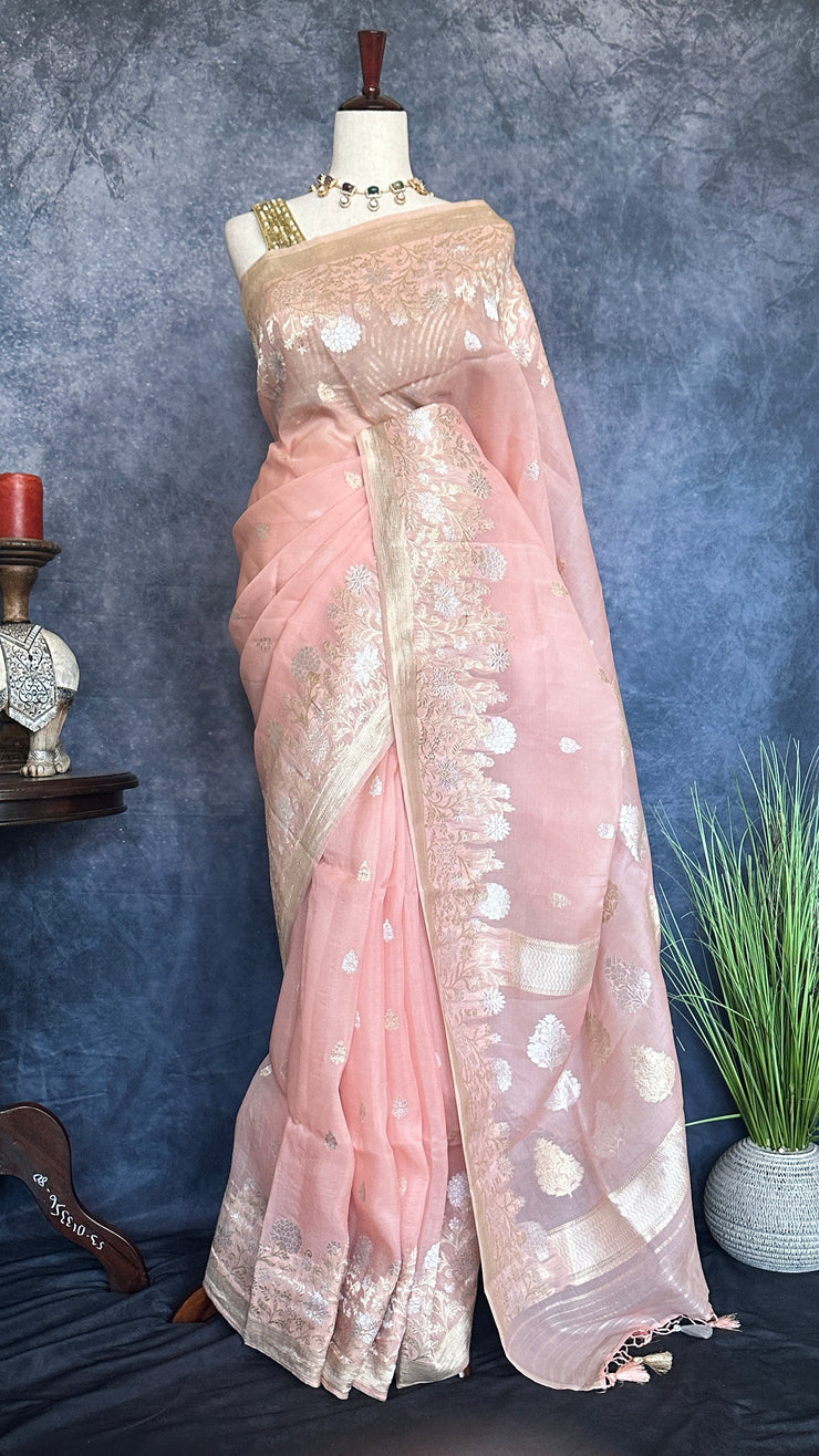 Pure Silk organza saree with gold and silver weave , with stitched blouse