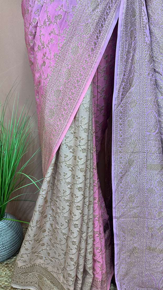 Lotus pink ombre pure crepe silk saree with stitched blouse