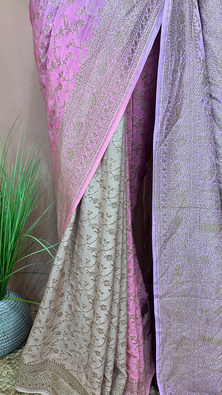 Lotus pink ombre pure crepe silk saree with stitched blouse