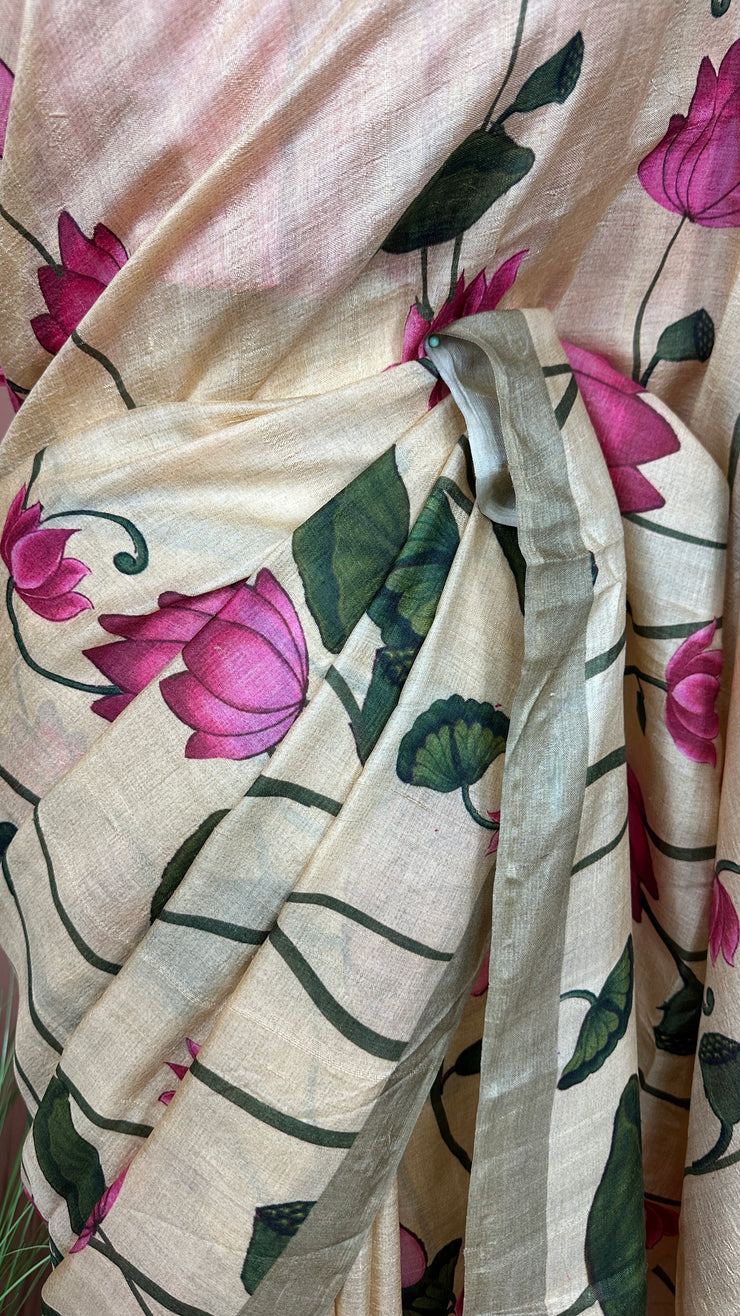 Off white pitchwai printed pure tussar silk saree with stitched blouse