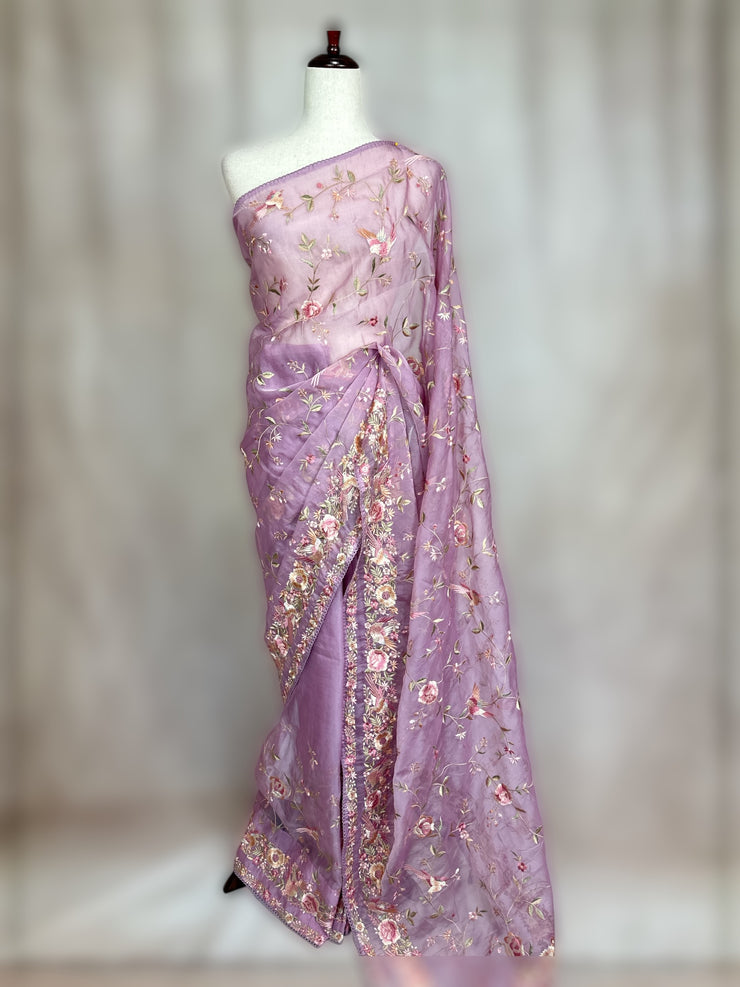 Lilac soft organza saree with Parsi gara machine embroidery work , with stitched blouse