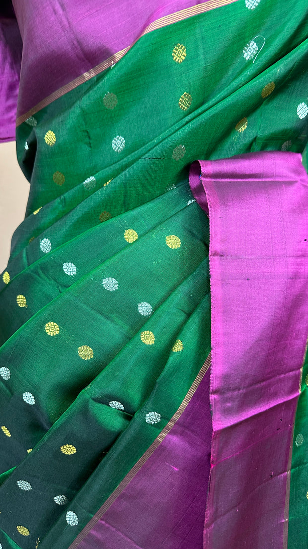 Bottle Green and Wine Red  Kanchivaram Silk Handwoven Saree with Stitched Blouse