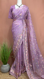 Lilac soft organza saree with Parsi gara machine embroidery work , with stitched blouse