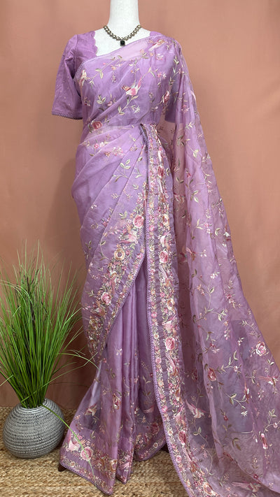 Lilac soft organza saree with Parsi gara machine embroidery work , with stitched blouse