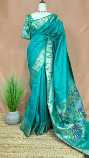 Semi tussar silk saree with Paithani weave, with stitched blouse