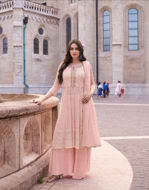 Baby pink flared top with palazzo and dupatta