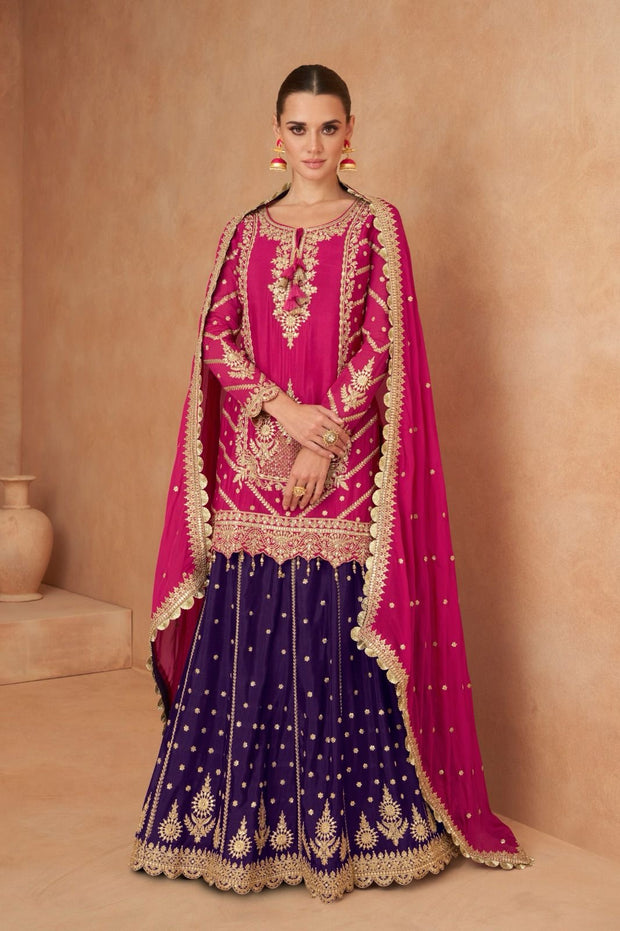 Pink and purple short top with skirt and dupatta